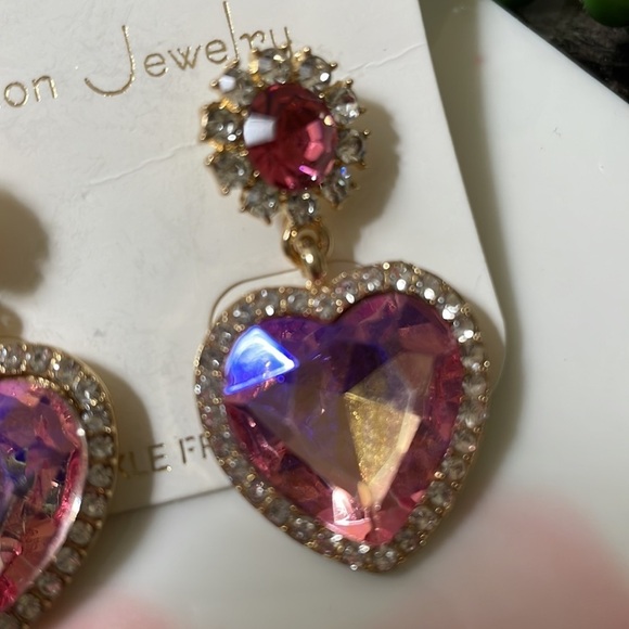 Iridescent Pink Heart Drop Earrings - Picture 5 of 11